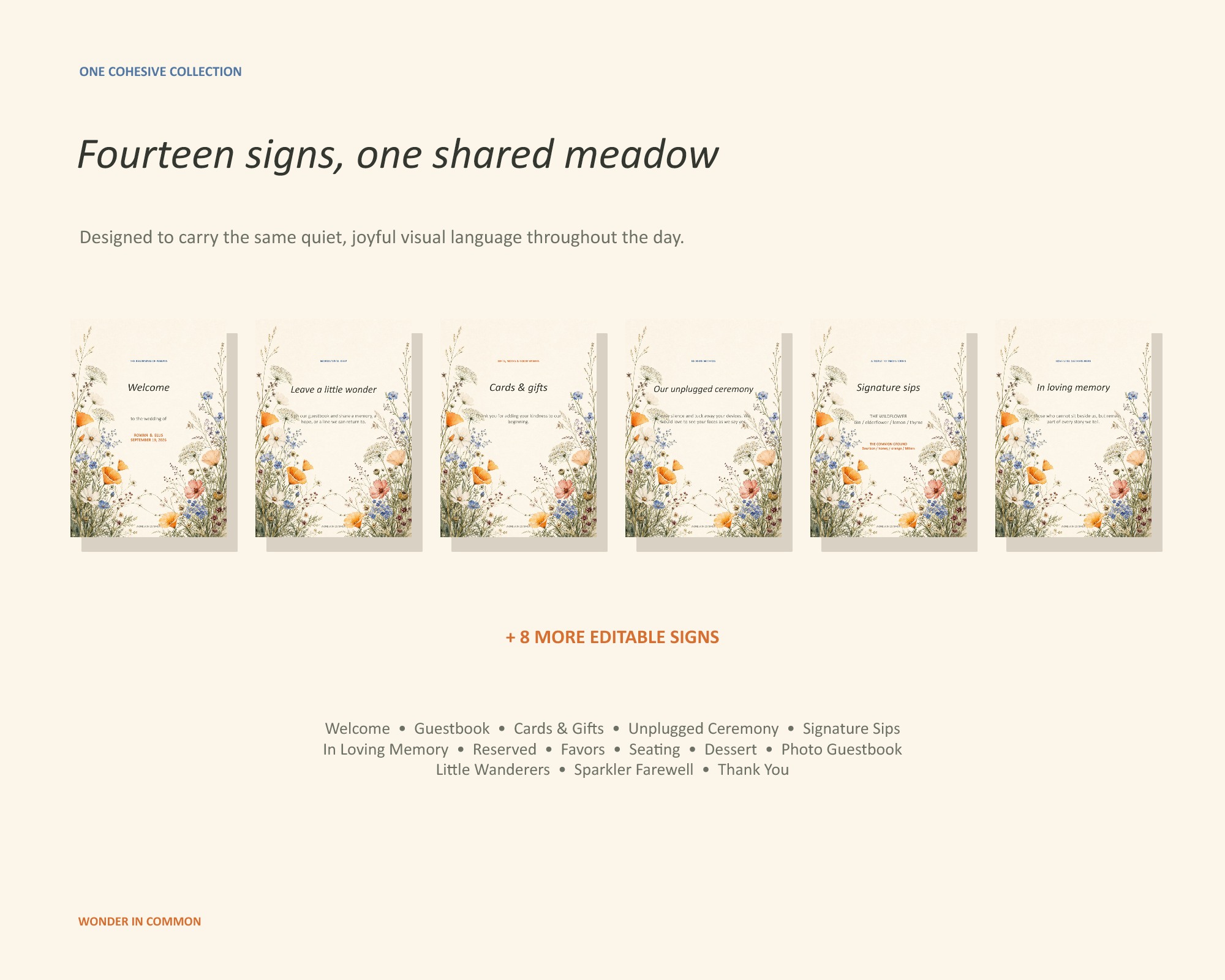 A selection of coordinated editable wedding signs included in The Shared Meadow