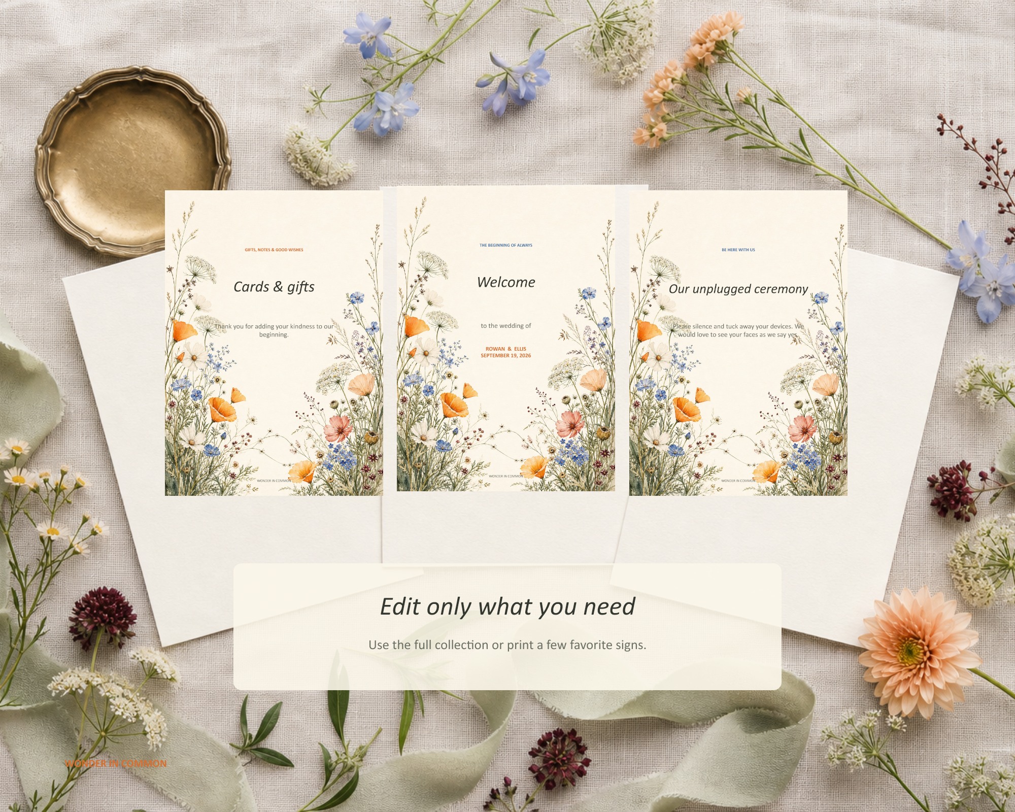 Three printable wildflower wedding signs arranged with flowers and ribbon