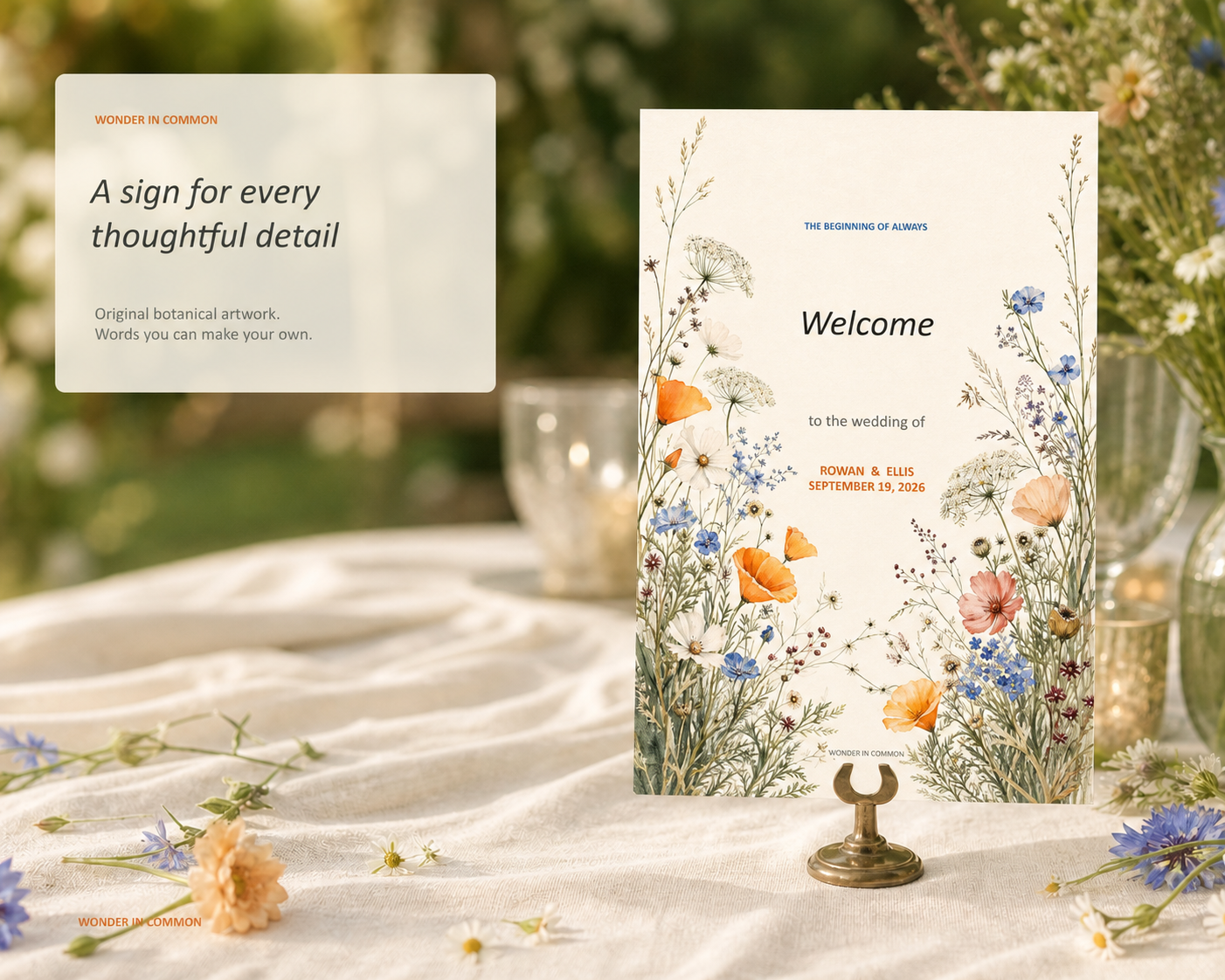 Wildflower wedding welcome sign displayed at a garden reception